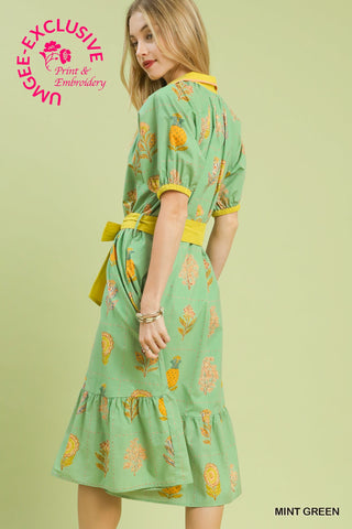 Blossom Stitch Print V-Neck Midi Dress