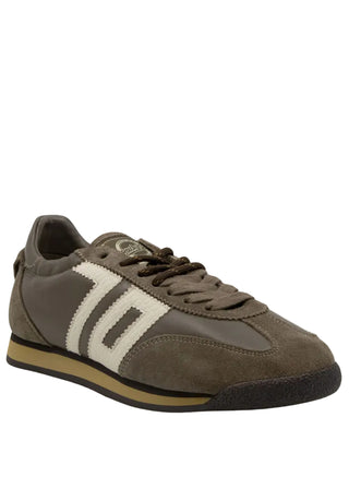 Taupe suede and nylon retro sneaker with cream triple stripes, brown laces, and gum sole.