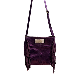 Purple metallic Italian leather crossbody bag with side fringe details, adjustable strap, and gold hardware buckle.