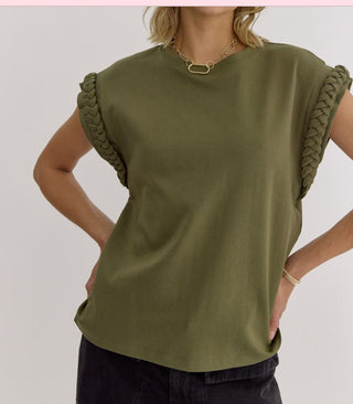 Round neck cap sleeve top featuring braided detail at cuff