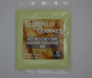 Light green packet of Tastefully Gourmet Key West Key Lime Cracker Seasoning Mix, 12 servings, no preservatives.