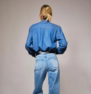 Tie Neck Hidden Button Chambray Blouse
