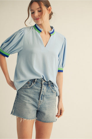 v-neck half sleeve solid top with color block contrast