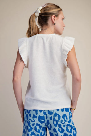 White ruffle-sleeve knit top with textured fabric, shown from back on blonde model with ponytail.