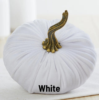 Small white velvet pumpkin with a natural dried stem, decorative fall accent piece for home décor.