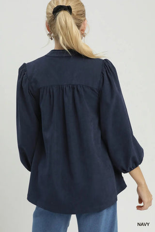 Sueded Split Neck Blouse with Contrast Stitching