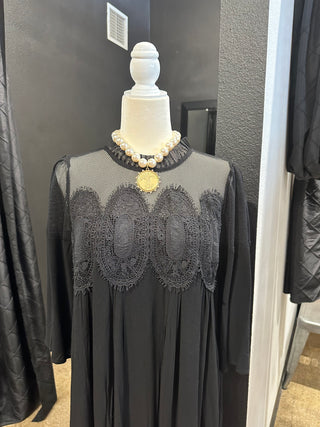 3/4 sleeves solid midi dress with mesh contrast, crochet accent, button closure back.
