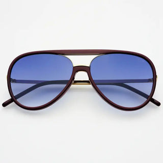 Burgundy aviator sunglasses with gradient blue lenses and gold metal double bridge accent.