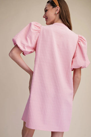 Mini Dress Puff Sleeve V-Neck Stitch Detailed