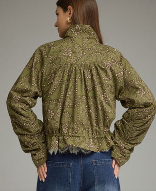 Olive green paisley print long sleeve jacket with floral embroidery, gathered back, and lace hem trim.