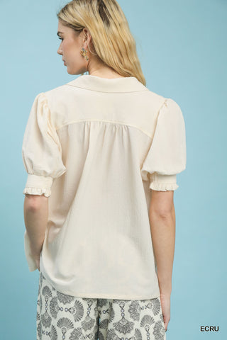 Seersucker Puff Sleeve Blouse