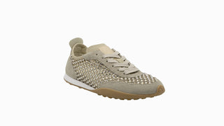 Paris G26 Sneaker in beige suede with crystal rhinestone embellishments, lace-up closure, and gum rubber sole.