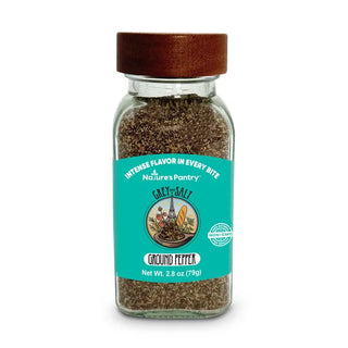 Glass jar of Nature's Pantry Grey Salt Ground Pepper with teal label and brown wooden lid, 2.8 oz.