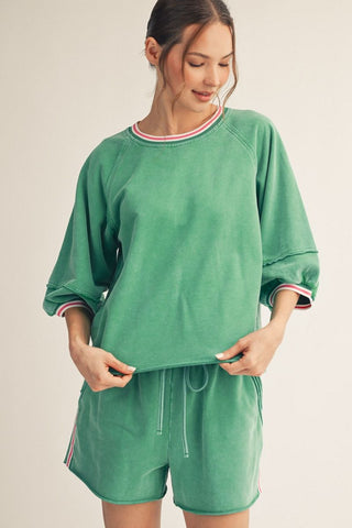 3/4 puff sleeves washed fabric casual top