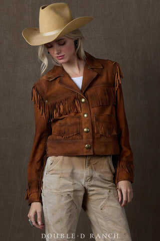 Brown suede fringe jacket with gold concho buttons, styled with cream cowboy hat and distressed pants.