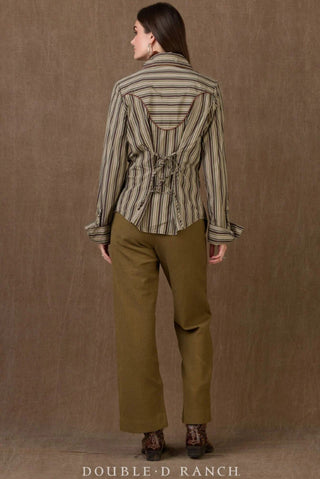Olive green striped button-up top with lace-up corset back detail, long sleeves, worn with khaki trousers.