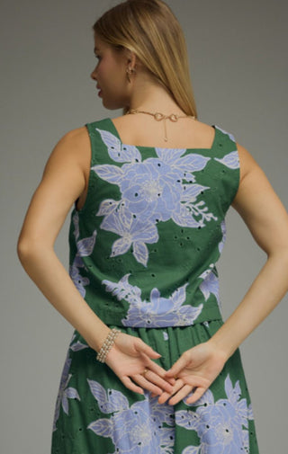 Green and blue floral eyelet sleeveless top with square neckline, shown from back view.