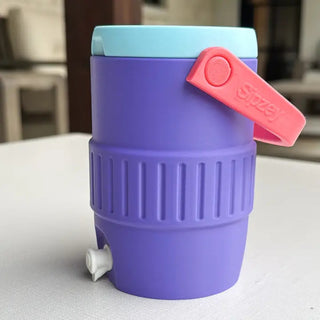 Purple retro jug cooler can holder with teal lid, coral handle, and white spigot by Stozey.