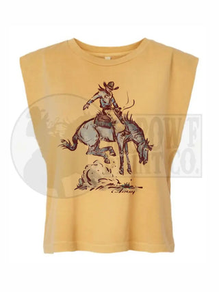 Yellow sleeveless muscle tank top featuring vintage western graphic of cowgirl riding bucking bronco horse.