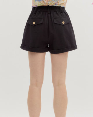 Solid high waist pleated rolled cuff hem pintuck shorts
