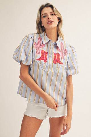 Short puff sleeves stripe top with Western embroidery accent