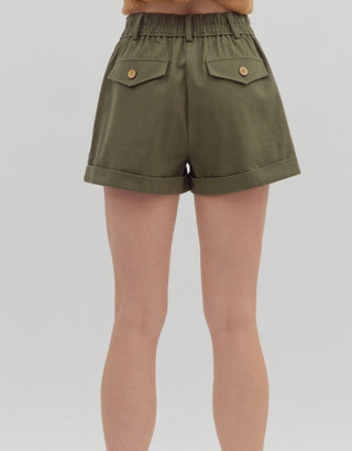 Solid high waist pleated rolled cuff hem pintuck shorts
