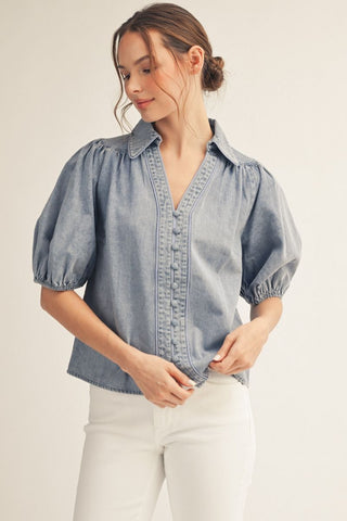 Short puff sleeves button down top