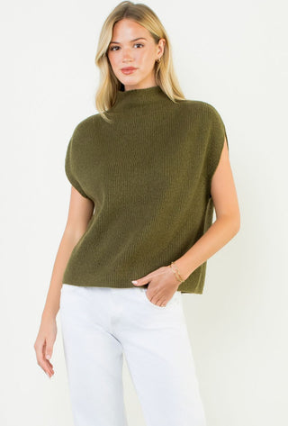 Olive green sleeveless mock neck ribbed knit sweater top with cap sleeves and relaxed fit.