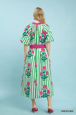 Striped Floral Maxi Dress with Waist Tie