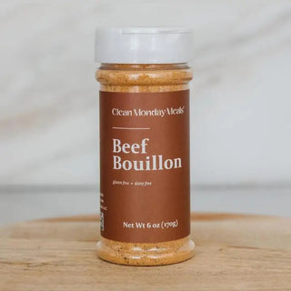 Clean Monday Meals Beef Bouillon powder in a clear shaker jar with brown label, 6 oz, gluten and dairy free.
