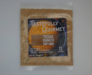 Clear packet of Tastefully Gourmet Texas Ranch Dip Mix seasoning blend, gluten-free, 12 servings, 0.85oz.