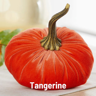 Large tangerine orange velvet pumpkin with realistic dried gourd stem, Fall mantel decoration.