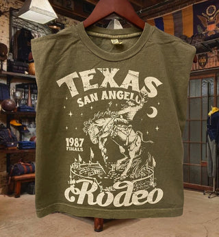 Olive green sleeveless crop top with vintage Texas San Angelo 1987 Rodeo Finals graphic print featuring cowboy on bucking hor