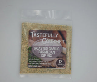Clear packet of Tastefully Gourmet Roasted Garlic Parmesan Dip Mix seasoning blend, gluten-free, 12 servings.