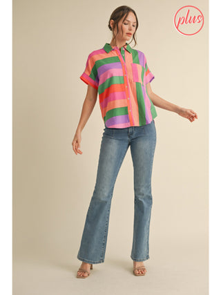 Multicolor striped short sleeve button-down blouse in pink, green, orange, and purple with chest pocket.