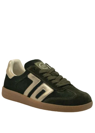 Back 70 Cloud W26 women's sneaker in olive green suede with gold metallic stripe accents and gum sole.