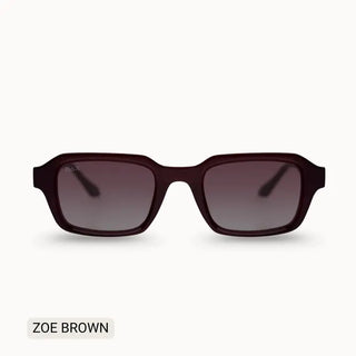 DAX Zoe Brown rectangular sunglasses with deep burgundy frames and gradient dark gray lenses.