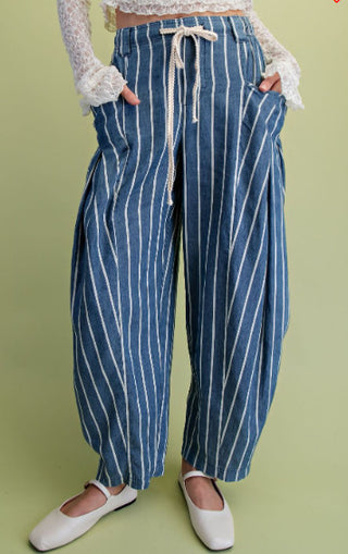 Striped Printed Washed Chambray Pants