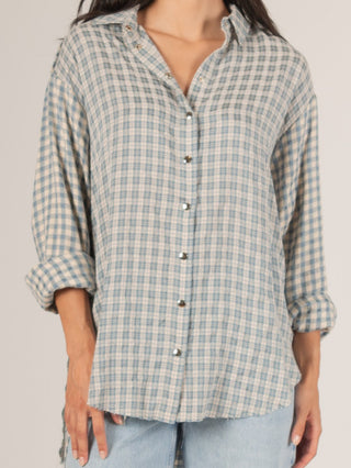 Mix and Math Plaid Button Up Shirt with Raw Edge Detail
