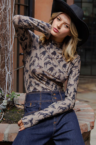 Mesh Western Horse Graphic Mock Neck Top