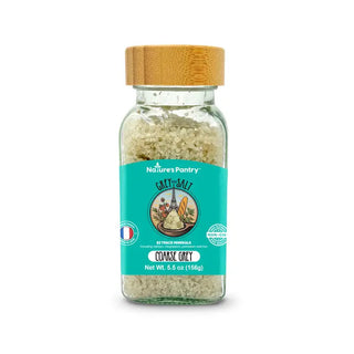 Glass shaker jar of Nature's Pantry Coarse Grey Sea Salt with bamboo lid and teal label, 5.5oz.