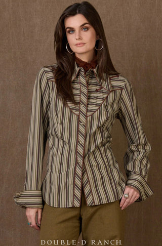 Fontenot's Best striped western shirt in tan and brown with snap buttons and yoke detailing.