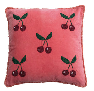 20" Square Cotton Velvet Pillow with Hand-Beaded Cherries & Tufted Fringe, Pink, Red & Green