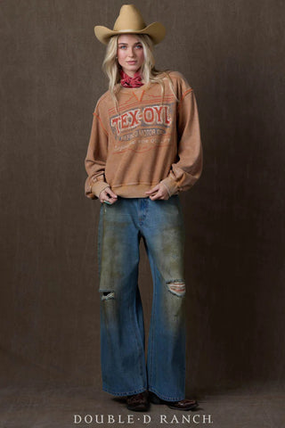 Vintage-style camel brown "Tex-Oyl" graphic sweatshirt with distressed print and relaxed fit.