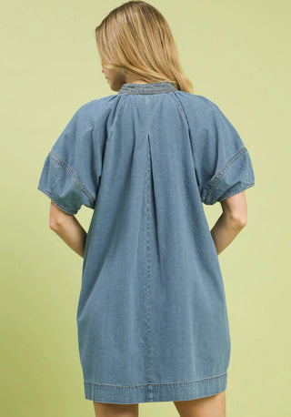 Light blue denim mini dress with short puffed sleeves, back pleat detail, and mandarin collar.