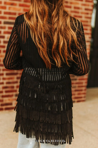 Black Mesh Tiered Suede Fringe Zip Up Shirt Jacket