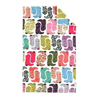 Colorful double-sided hand towel featuring rows of patterned cowboy boots in pink, teal, purple, and green.