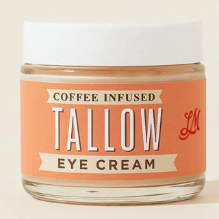 Small glass jar of Coffee-Infused Tallow Eye Cream with orange label and white lid.