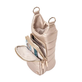 Soft gold vegan leather quilted water bottle bag with open zipper pocket revealing cards and phone inside.