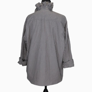 Gray and white striped long sleeve button-up shirt with ruffled collar and rolled cuffs, back view.
